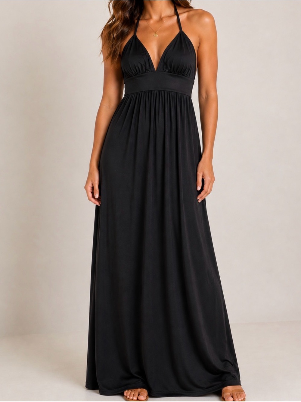 La Palapa Black Halter Maxi Dress Style plunging V-neckline empire waist NEW MD
